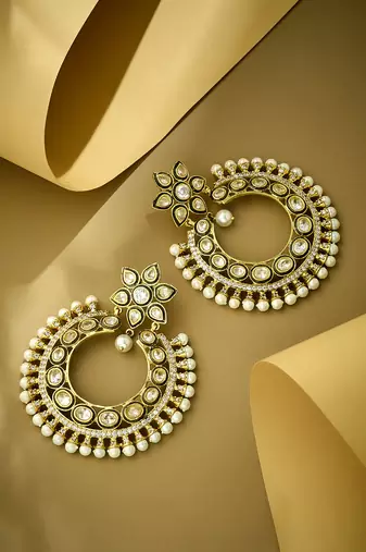 gold plated kundan studded & pearl beaded floral chandbali earrings