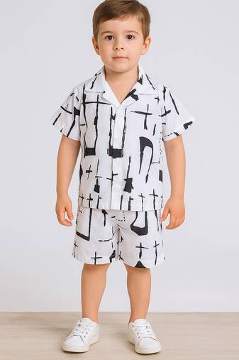 White abstract printed cotton blend co-ord set