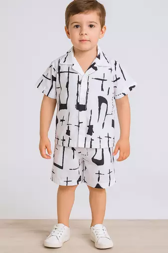 White abstract printed cotton blend co-ord set
