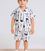 White abstract printed cotton blend co-ord set