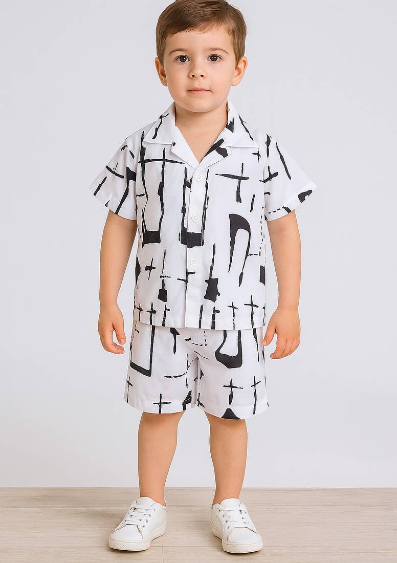 White abstract printed cotton blend co-ord set