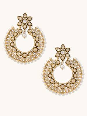 gold plated kundan studded & pearl beaded floral chandbali earrings 4