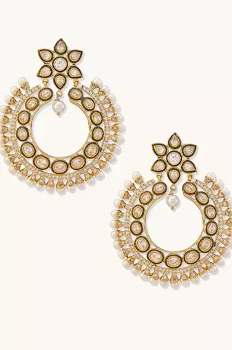gold plated kundan studded & pearl beaded floral chandbali earrings
