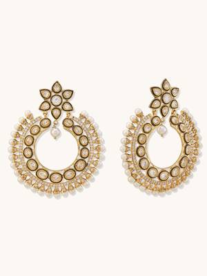 gold plated kundan studded & pearl beaded floral chandbali earrings 5