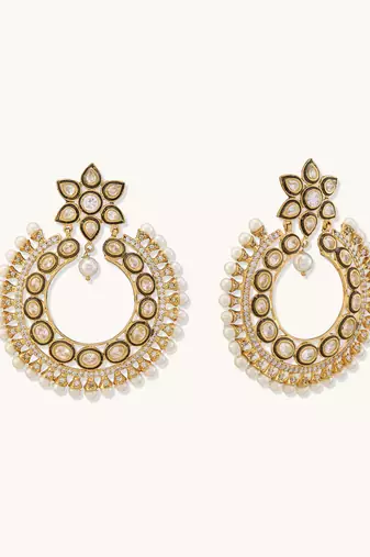 gold plated kundan studded & pearl beaded floral chandbali earrings