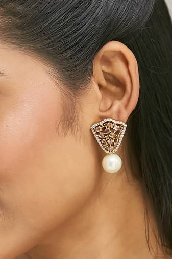 22k gold-plated elegant zircon stone studded & pearls drop stud earrings