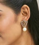 gold plated elegant zircon stone studded & pearls drop stud earrings