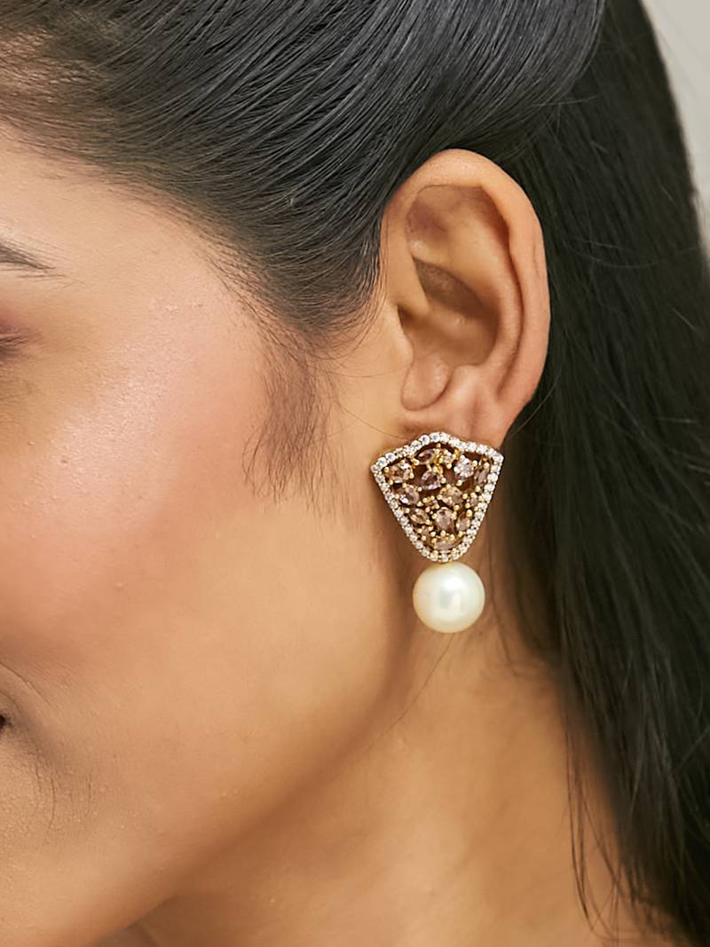 gold plated elegant zircon stone studded & pearls drop stud earrings