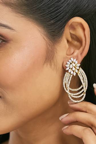 gold plated floral motif zircon stone studded teardrop shaped elegant drop dangler earrings