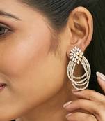 gold plated floral motif zircon stone studded teardrop shaped elegant drop dangler earrings