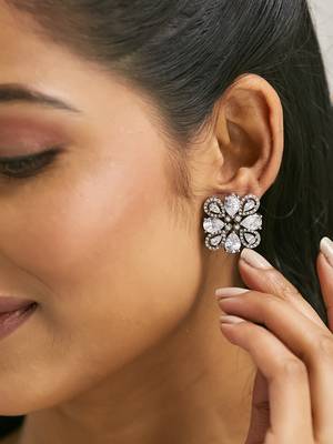 gold plated crystal & zircon stone studded floral studs 1