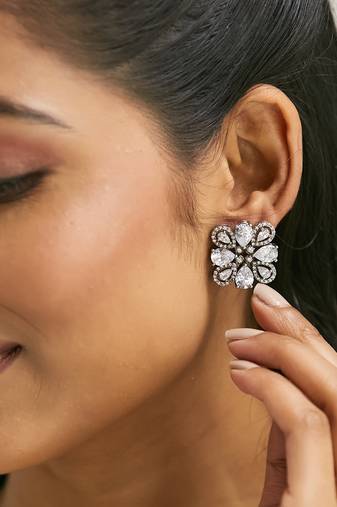 gold plated crystal & zircon stone studded floral studs