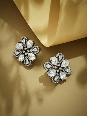 gold plated crystal & zircon stone studded floral studs 3