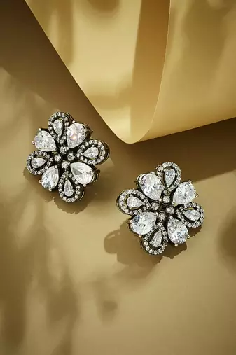 gold plated crystal & zircon stone studded floral studs
