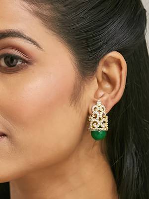 gold plated green gemstone & zircon studded contemporary filigree motif studs 1