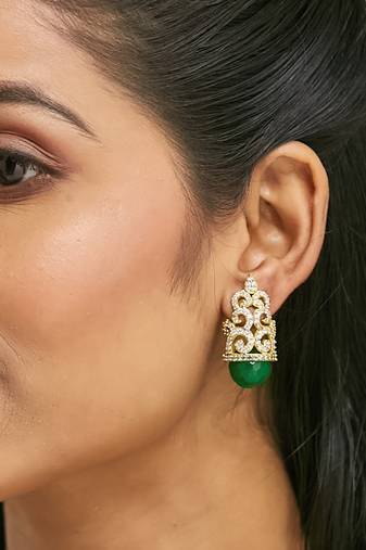 gold plated green gemstone & zircon studded contemporary filigree motif studs