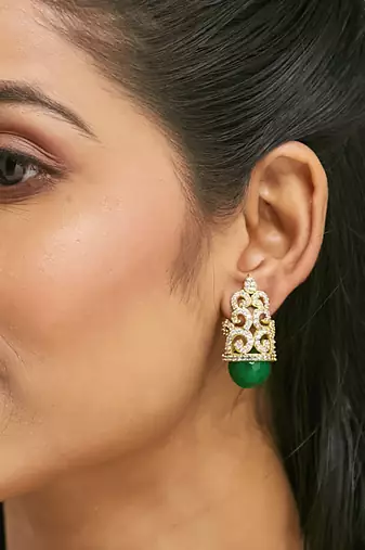 22k gold-plated green gemstone & zircon studded contemporary filigree motif studs