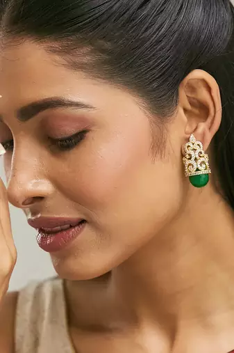 gold plated green gemstone & zircon studded contemporary filigree motif studs