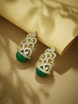 gold plated green gemstone & zircon studded contemporary filigree motif studs 3