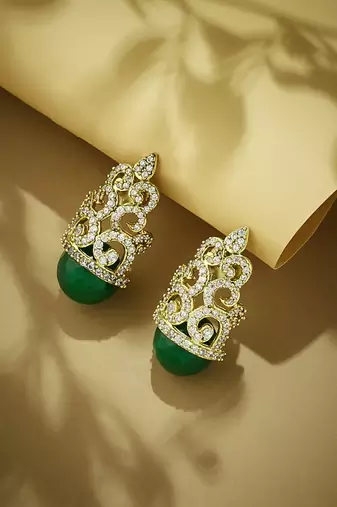 gold plated green gemstone & zircon studded contemporary filigree motif studs