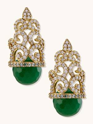 gold plated green gemstone & zircon studded contemporary filigree motif studs 4