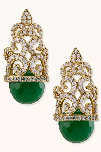 gold plated green gemstone & zircon studded contemporary filigree motif studs