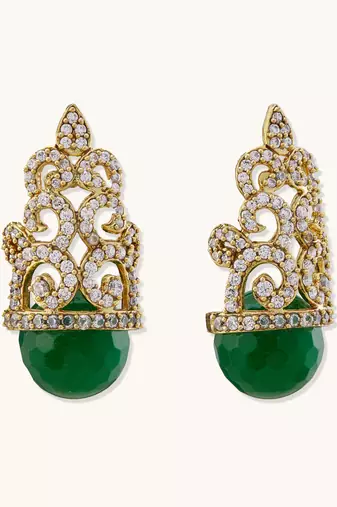 gold plated green gemstone & zircon studded contemporary filigree motif studs