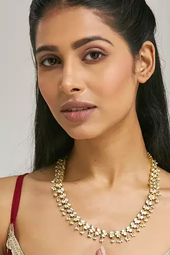 gold plated kundan & pearl studded matha patti cum necklace