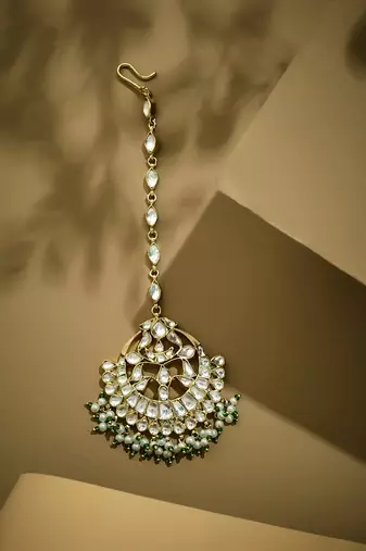 gold plated pearl drops matha patti cum necklace