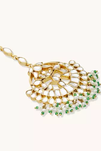 gold plated pearl drops matha patti cum necklace