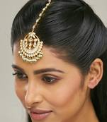 gold plated kundan green maang tikka