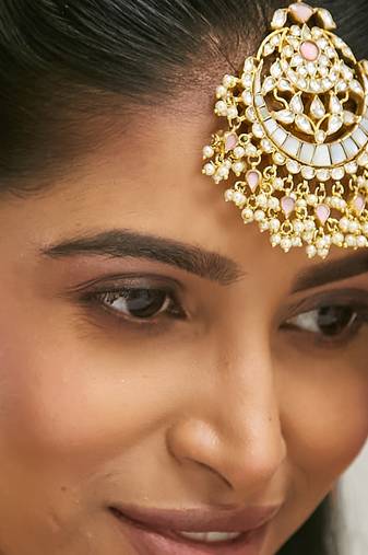 gold plated pearls & pink kundan studded statement maang tikka head jewellery