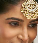 gold plated pearls & pink kundan studded statement maang tikka head jewellery