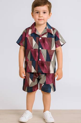 Maroon abstract printed cotton blend co-ord set