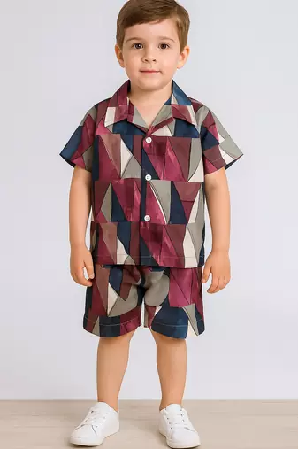 Maroon abstract printed cotton blend co-ord set
