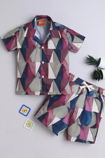 Maroon abstract printed cotton blend co-ord set