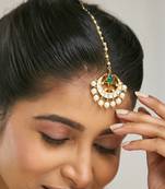 gold plated green stone & kundan studded with pearl drop maang tikka head jewellery