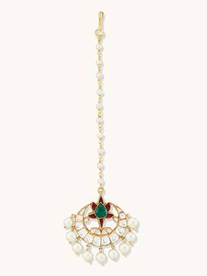 gold plated green stone & kundan studded with pearl drop maang tikka head jewellery 4