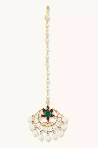 gold plated green stone & kundan studded with pearl drop maang tikka head jewellery