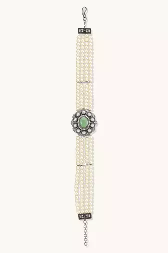 Pearl beaded jade stone choker necklace