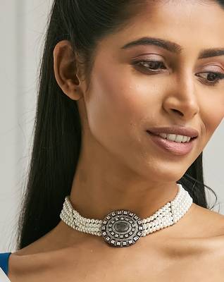 Pearl beaded semi precious labradorite stone & enamelled choker necklace 1