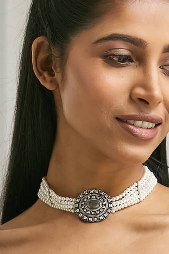 Pearl beaded semi precious labradorite stone & enamelled choker necklace