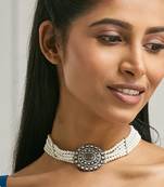 Pearl beaded semi precious labradorite stone & enamelled choker necklace