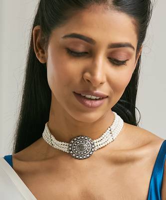 Pearl beaded semi precious labradorite stone & enamelled choker necklace 2