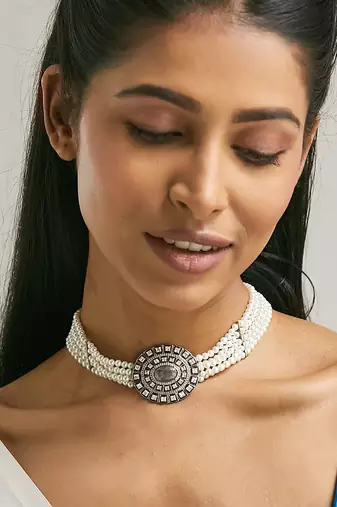 Pearl beaded semi precious labradorite stone & enamelled choker necklace
