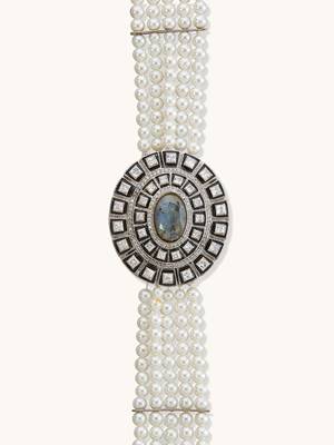 Pearl beaded semi precious labradorite stone & enamelled choker necklace 4