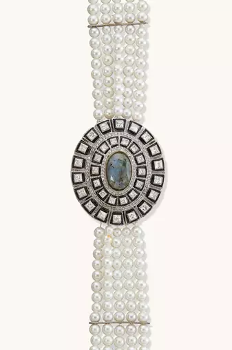 Pearl beaded semi precious labradorite stone & enamelled choker necklace