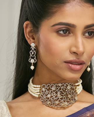 gold plated cubic zirconia studded & pearl beaded necklace set 1