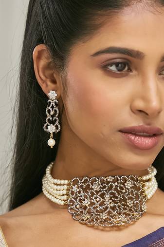 gold plated cubic zirconia studded & pearl beaded necklace set