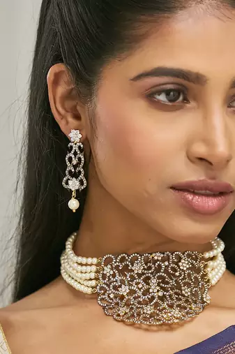 gold plated cubic zirconia studded & pearl beaded necklace set